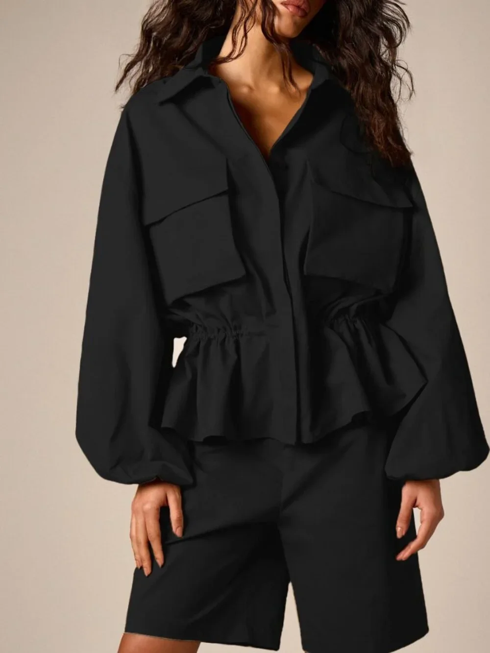 Black Casual Women's Oversized Peplum Shirt with Balloon Sleeves Cargo Pockets